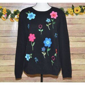 Alfred Dunner XL Black Pullover Crewneck Sweater Embroidered Flowers Long Sleeve